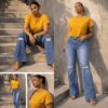 Mustard crop top and Denim jeans