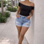 Off shoulder crop top & denim shorts