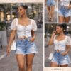 Puff sleeve corset & denim shorts