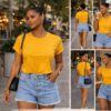 Mustard cropped top & denim shorts
