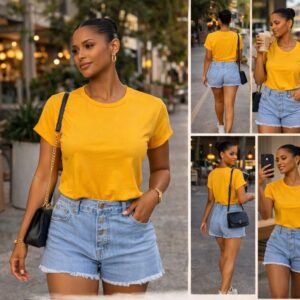Mustard cropped top & denim shorts