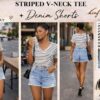 Stripe top & denim shorts