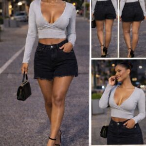 Grey cropped top & denim shorts
