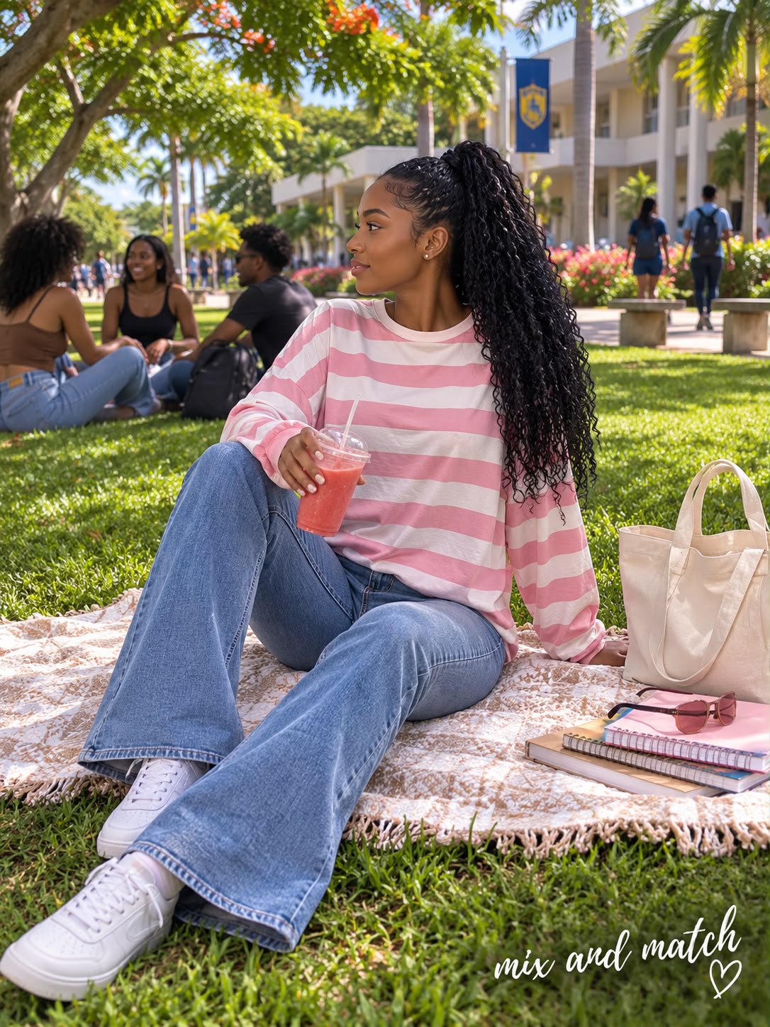 Striped pink top with jeans