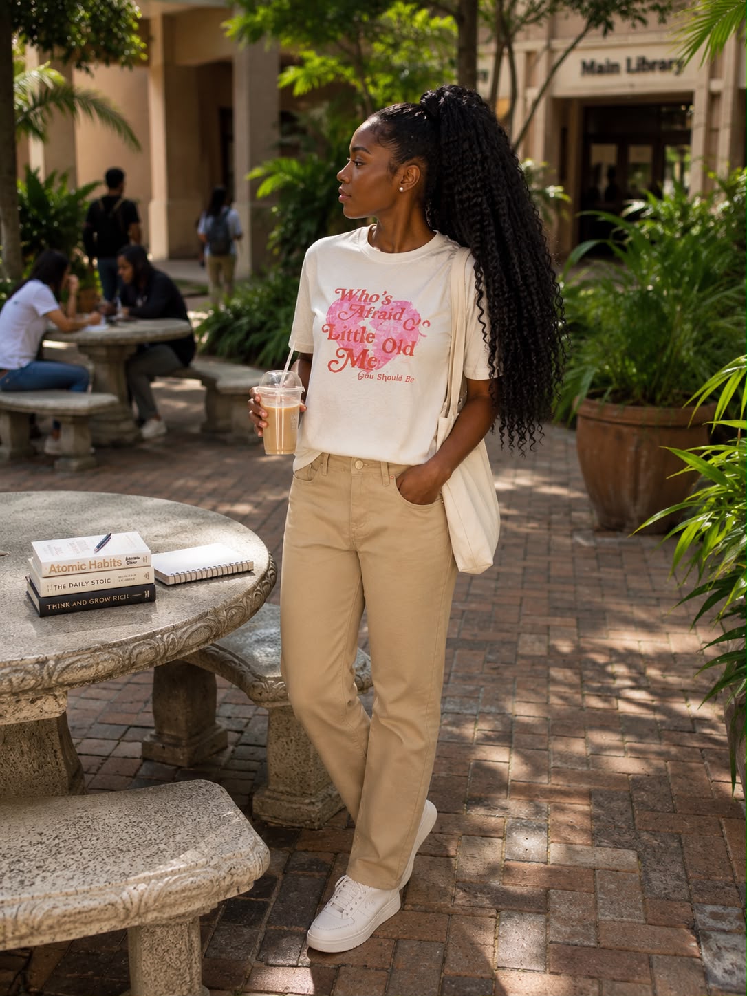 Imaged cream top with brown jeans