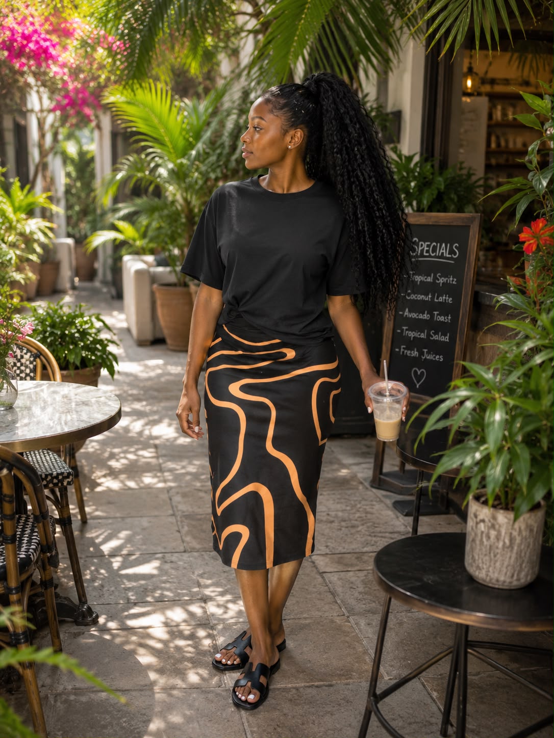 Plain black top with patternized skirt