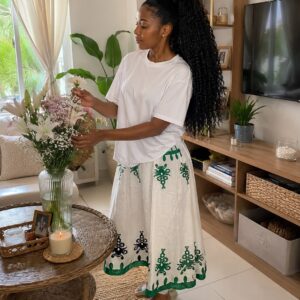 Plain white top with Patternized skirt