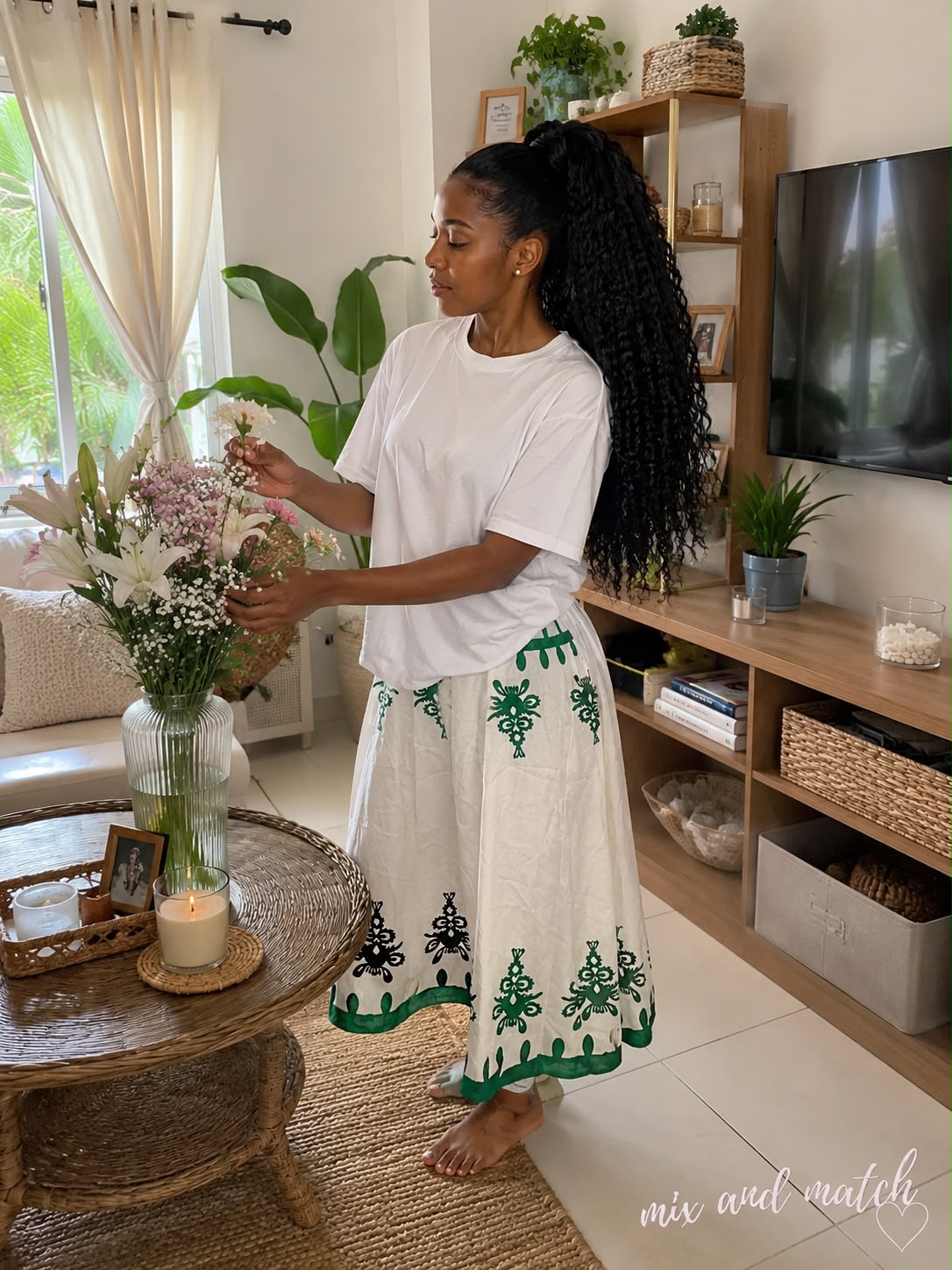 Plain white top with Patternized skirt