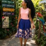 Pink top with patternized skirt