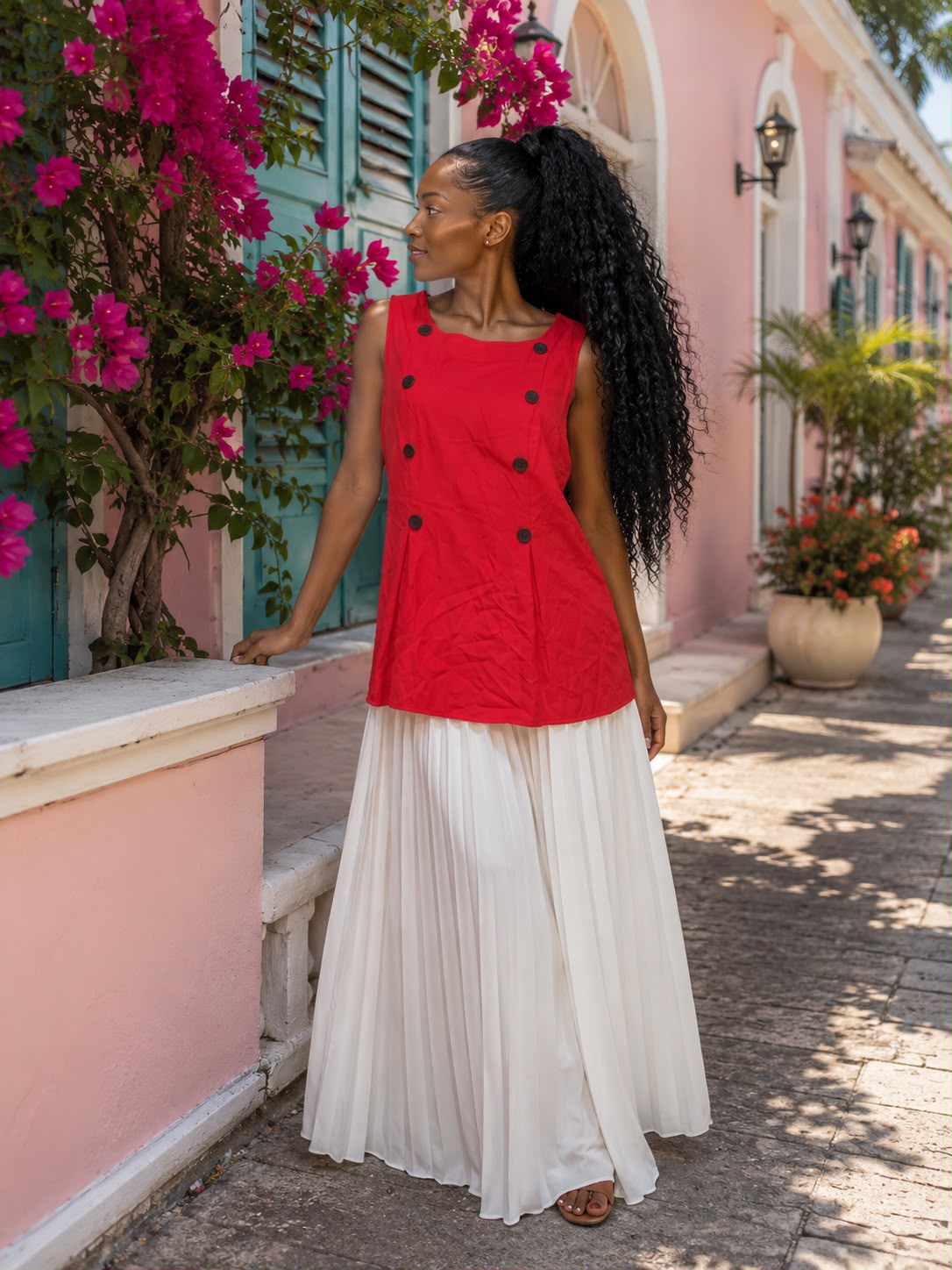 Red buttoned top with cream gowned skirt