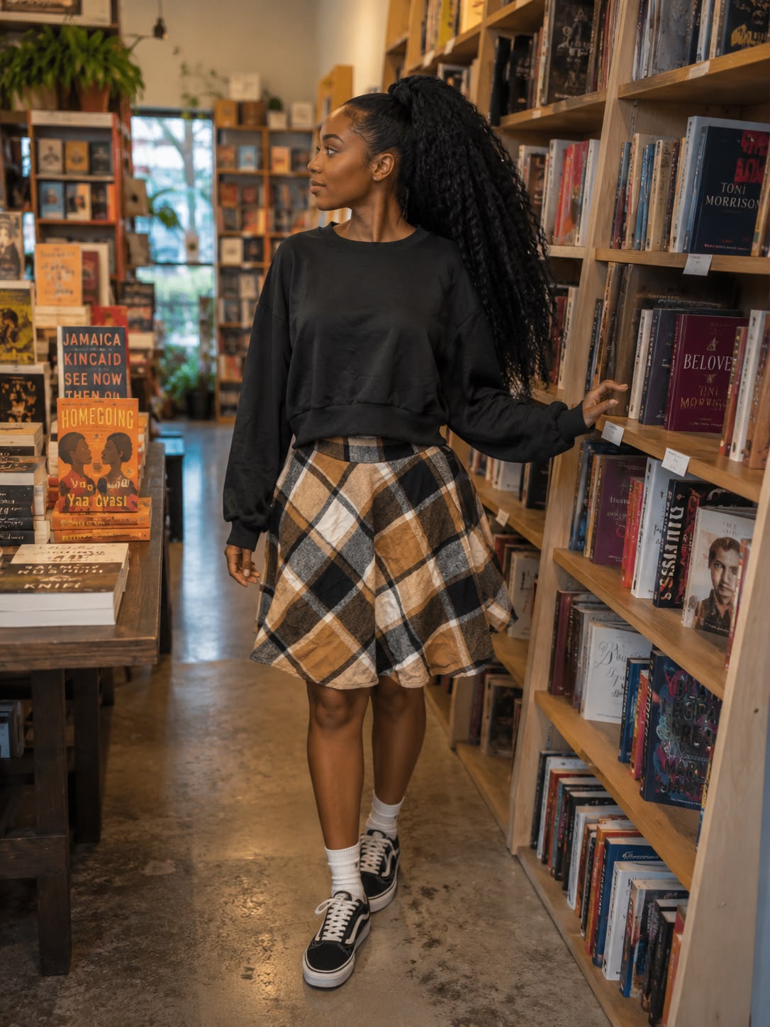 long sleeved top with stripped skirt