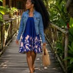 Straplees pull up dress with jeans jacket
