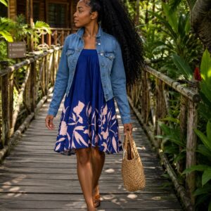 Straplees pull up dress with jeans jacket