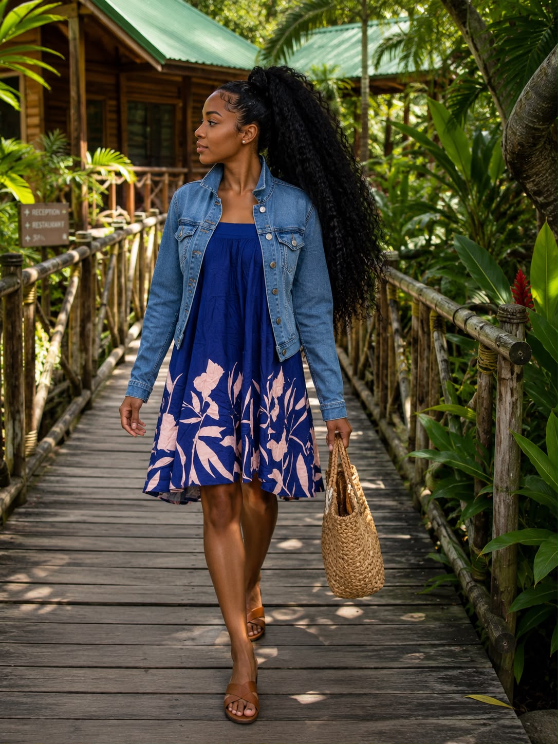 Straplees pull up dress with jeans jacket