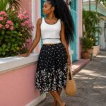 Mini top with flared patternized skirt