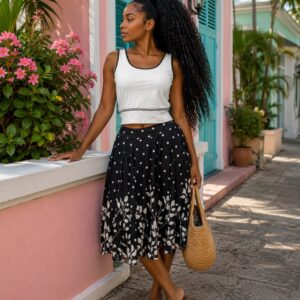 Mini top with flared patternized skirt