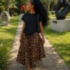 Plain top with cheetah patternd flared skirt