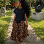 Plain top with cheetah patternd flared skirt