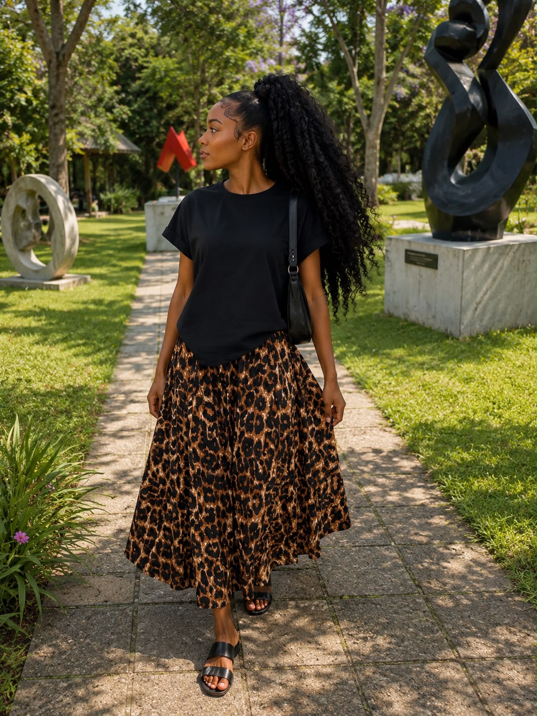 Plain top with cheetah patternd flared skirt