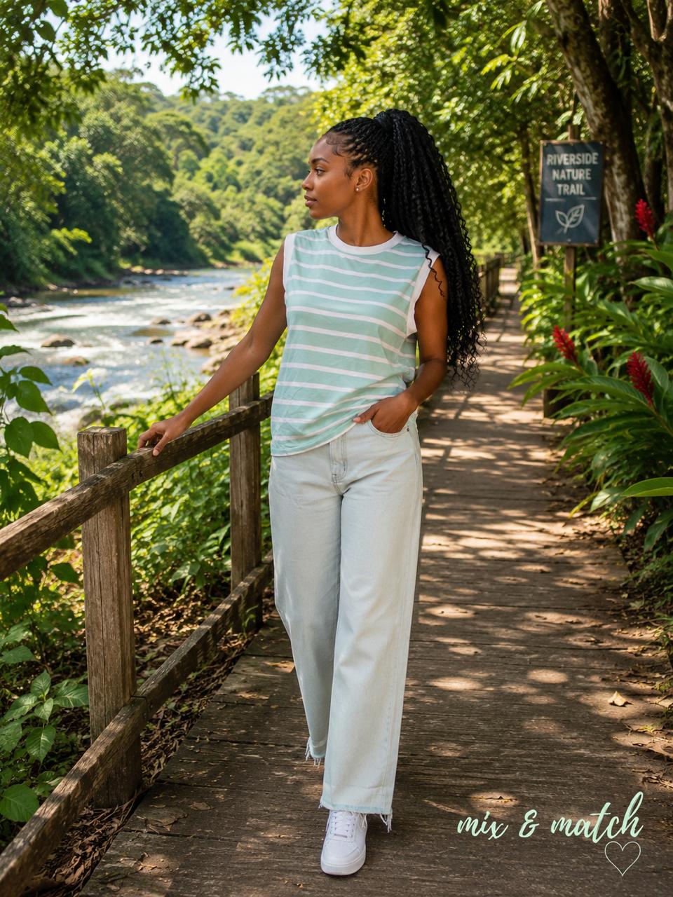 sleeveless top with flared tail jeans