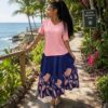 Pink top with patternized skirt