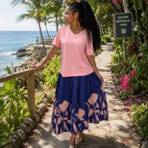 Pink top with patternized skirt