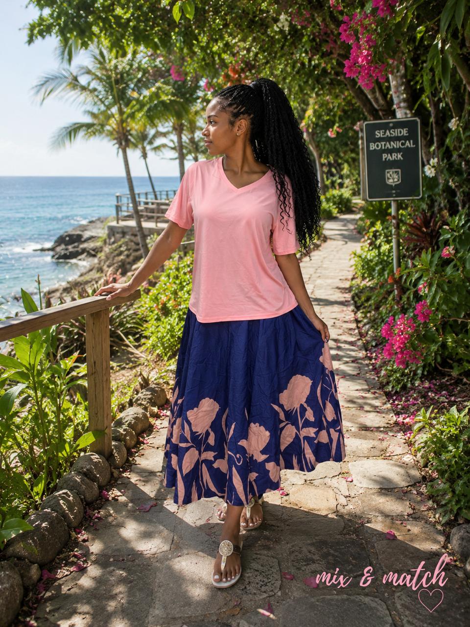 Pink top with patternized skirt