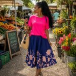 Hot-pink top with patternized skirt