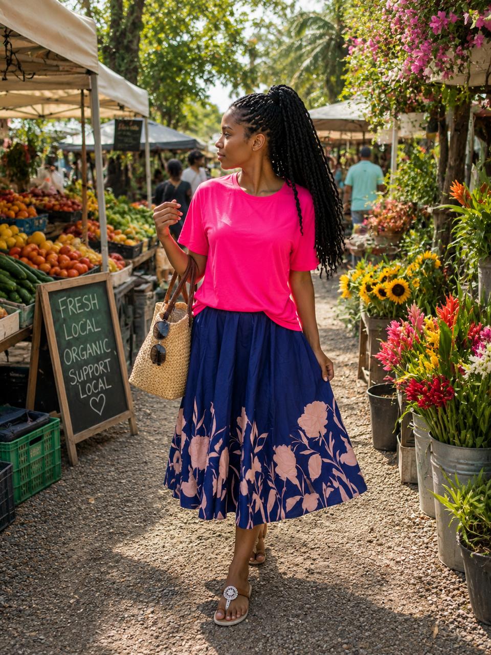 Hot-pink top with patternized skirt