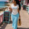 worded top with baby blue maxi skirt
