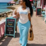 worded top with baby blue maxi skirt