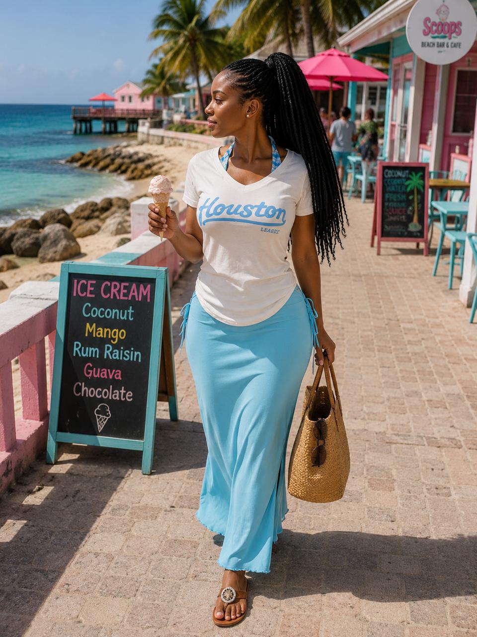 worded top with baby blue maxi skirt
