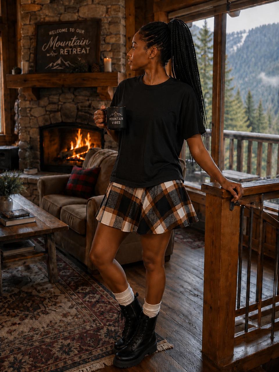Black top with plaid skirt