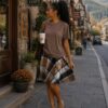 Brown top with plaid skirt