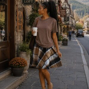 Brown top with plaid skirt