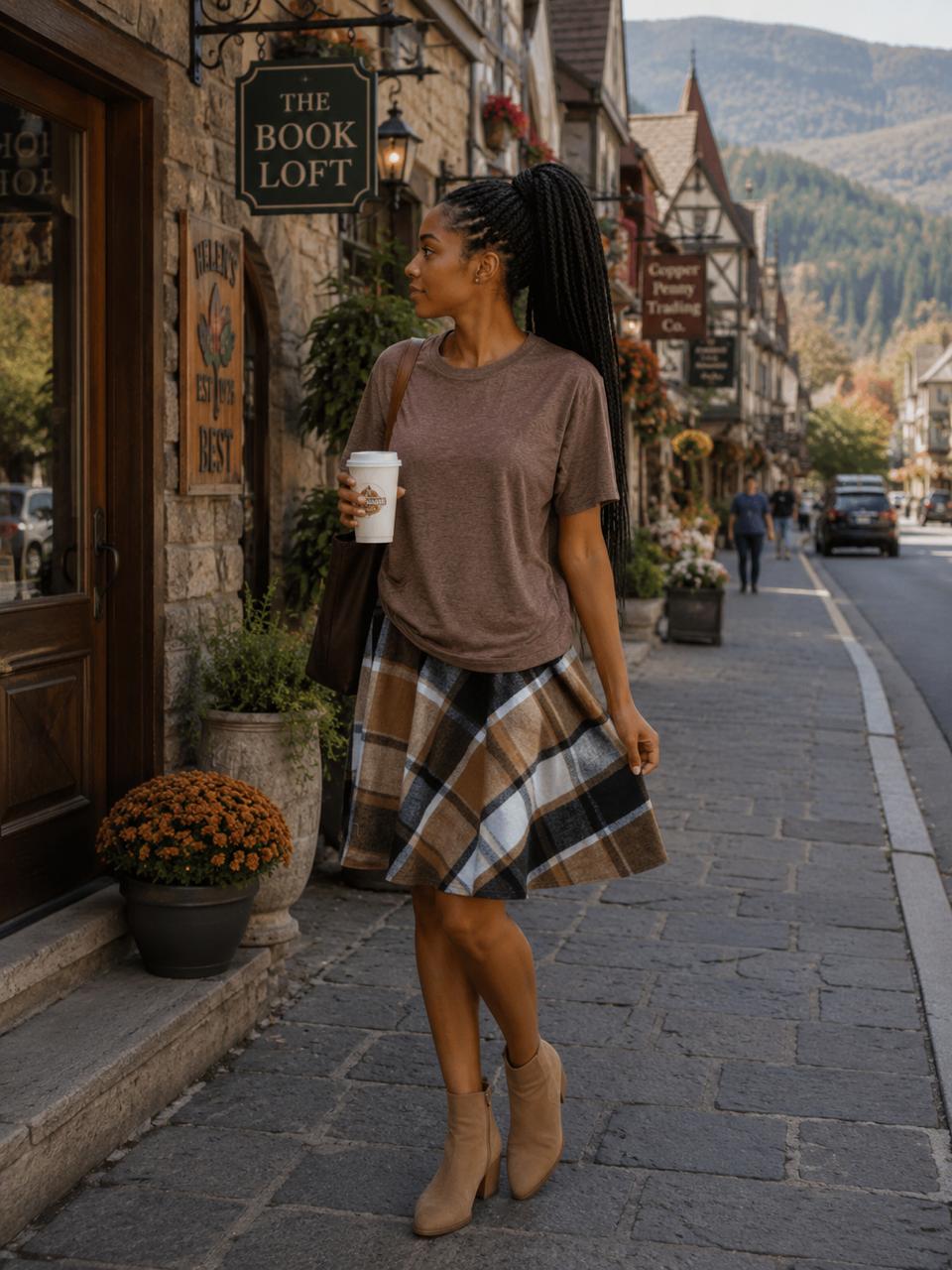 Brown top with plaid skirt