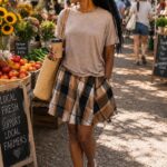 Brown top with pleated plaid skirt