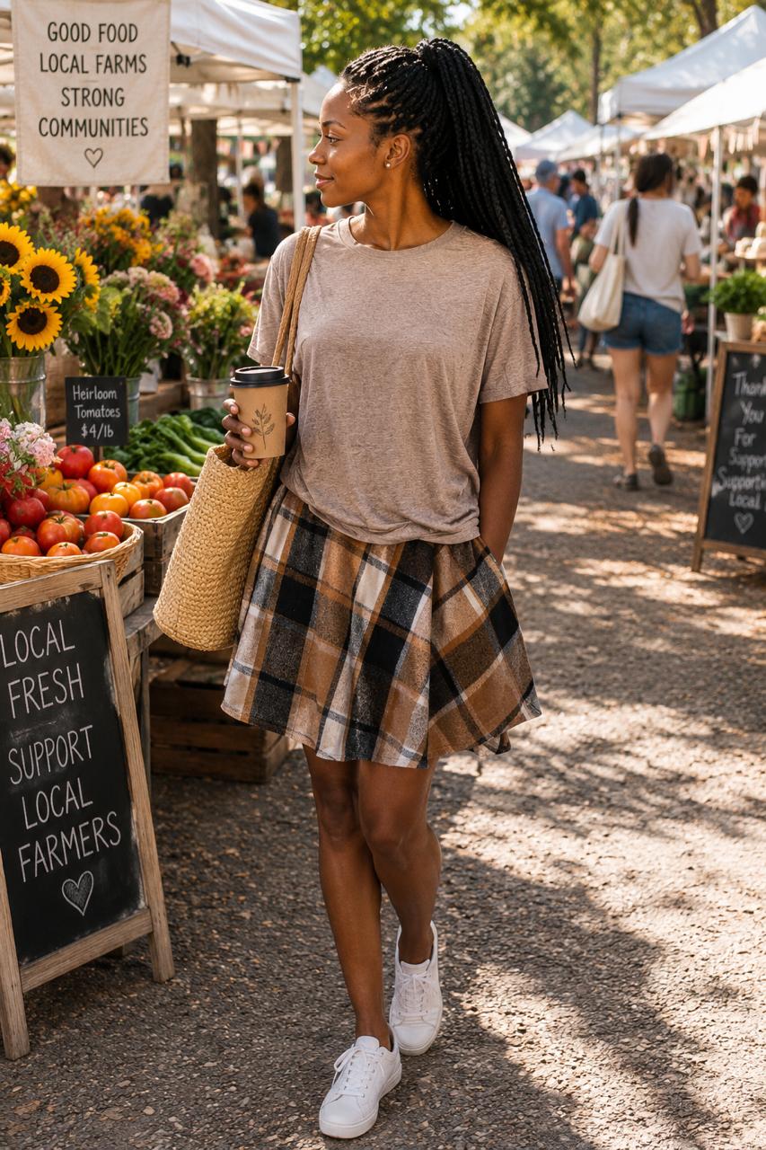 Brown top with pleated plaid skirt