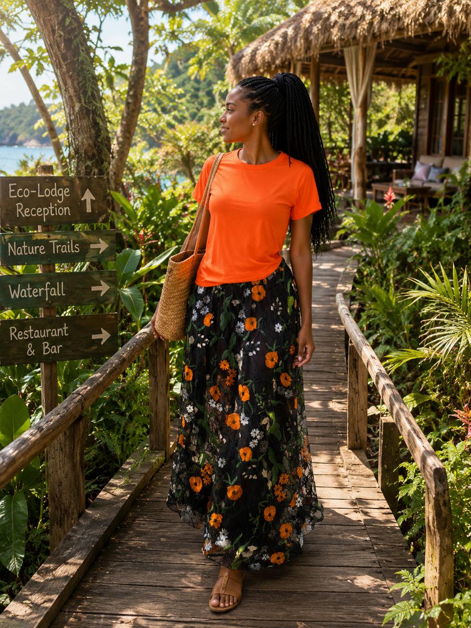 Orange top with flared patternized skirt