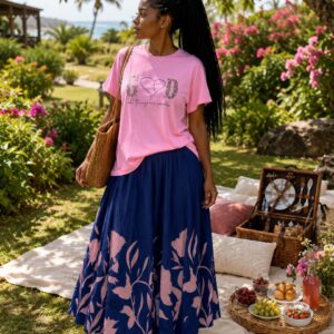 Pink imaged top with flared skirt