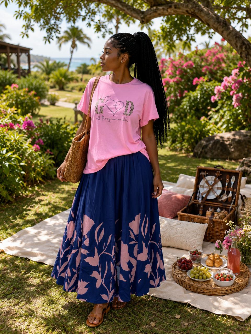 Pink imaged top with flared skirt