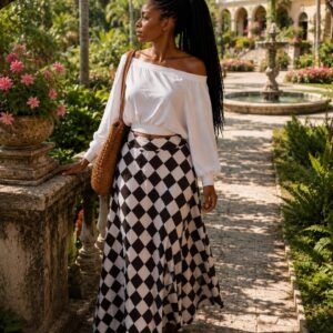 Whit top with flared patternized skirt