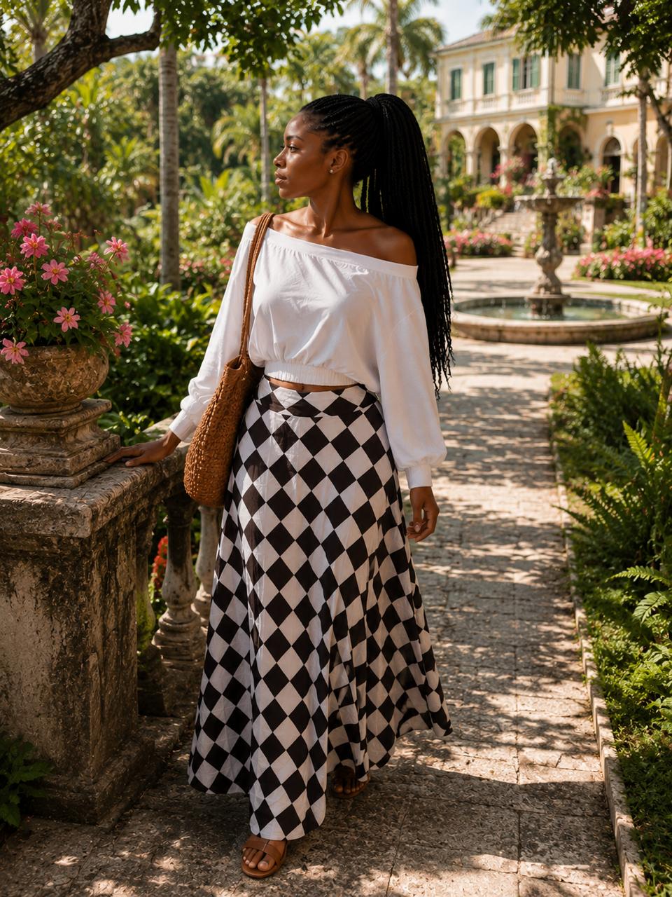 Whit top with flared patternized skirt