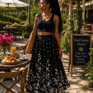 Mini top with flared patternized skirt