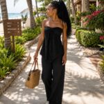 Black Linen top with Strapless Wide-Leg pants