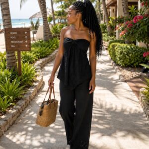 Black Linen top with Strapless Wide-Leg pants