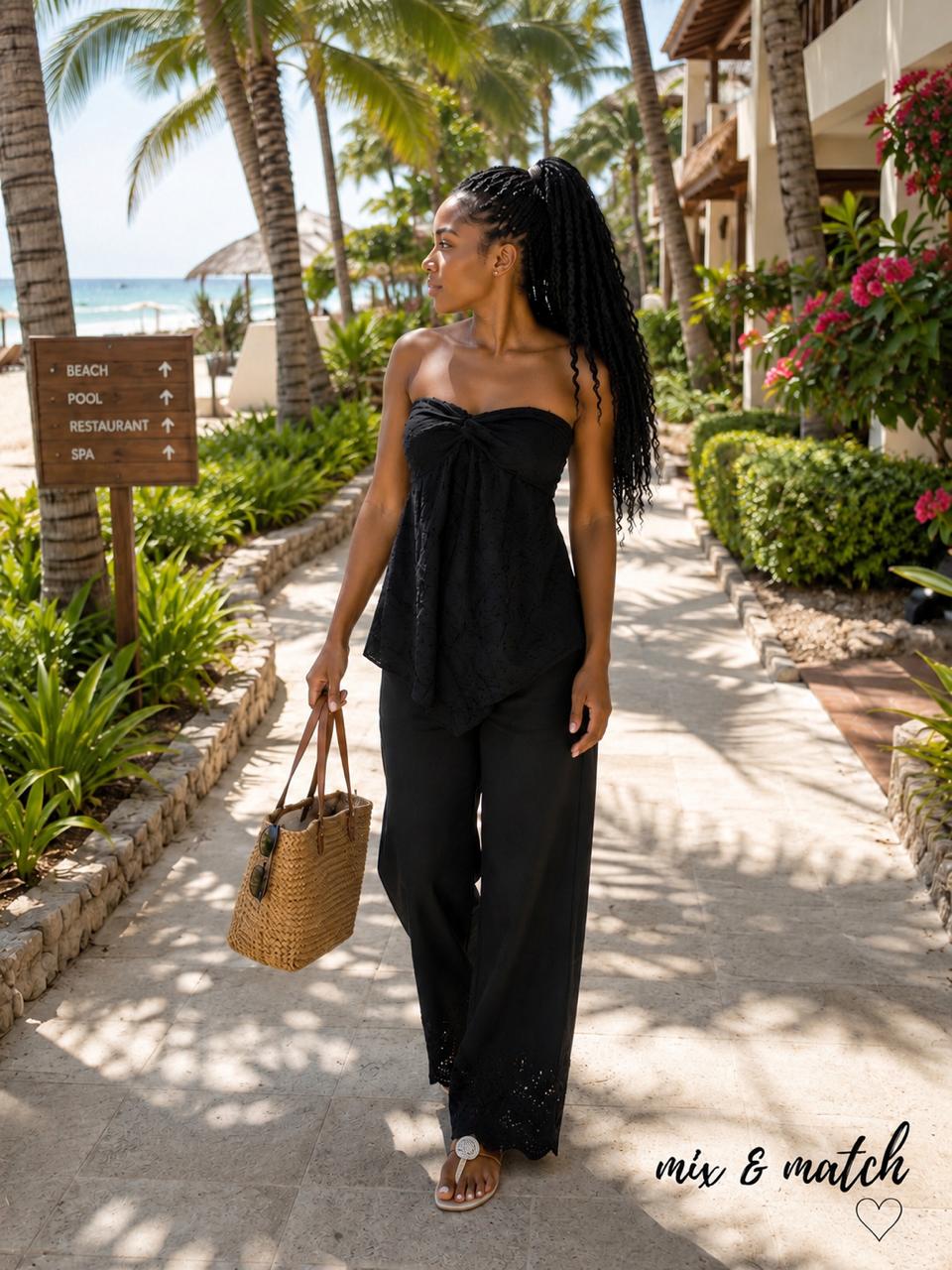 Black Linen top with Strapless Wide-Leg pants
