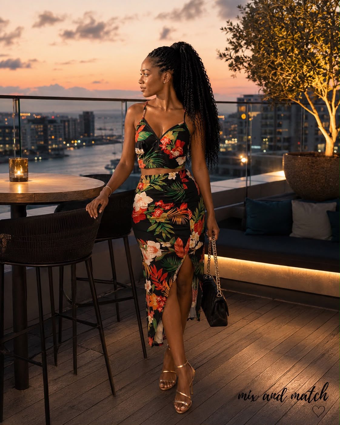 Tropical print matching two-piece skirt set