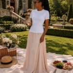 white t-shirt and pink chiffon maxi skirt