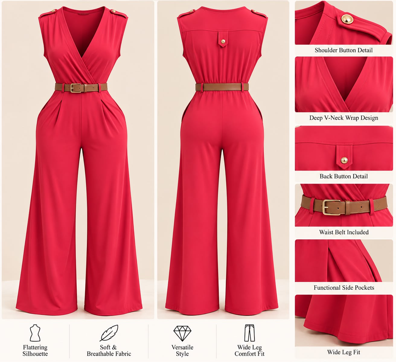 Sleeveless V Neck jumpsuit - Red
